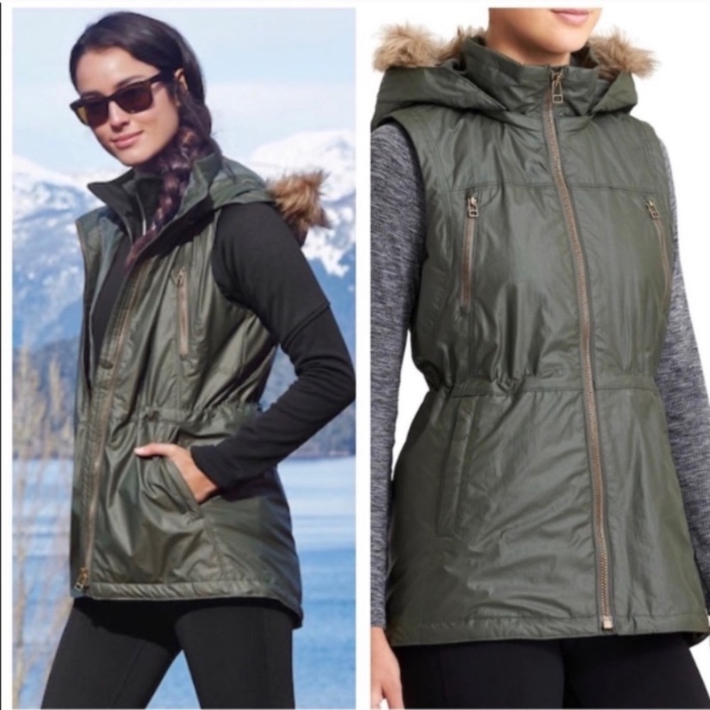 Athleta green Alpine Air Vest with removable faux fur collar Size medium - Picture 2 of 13